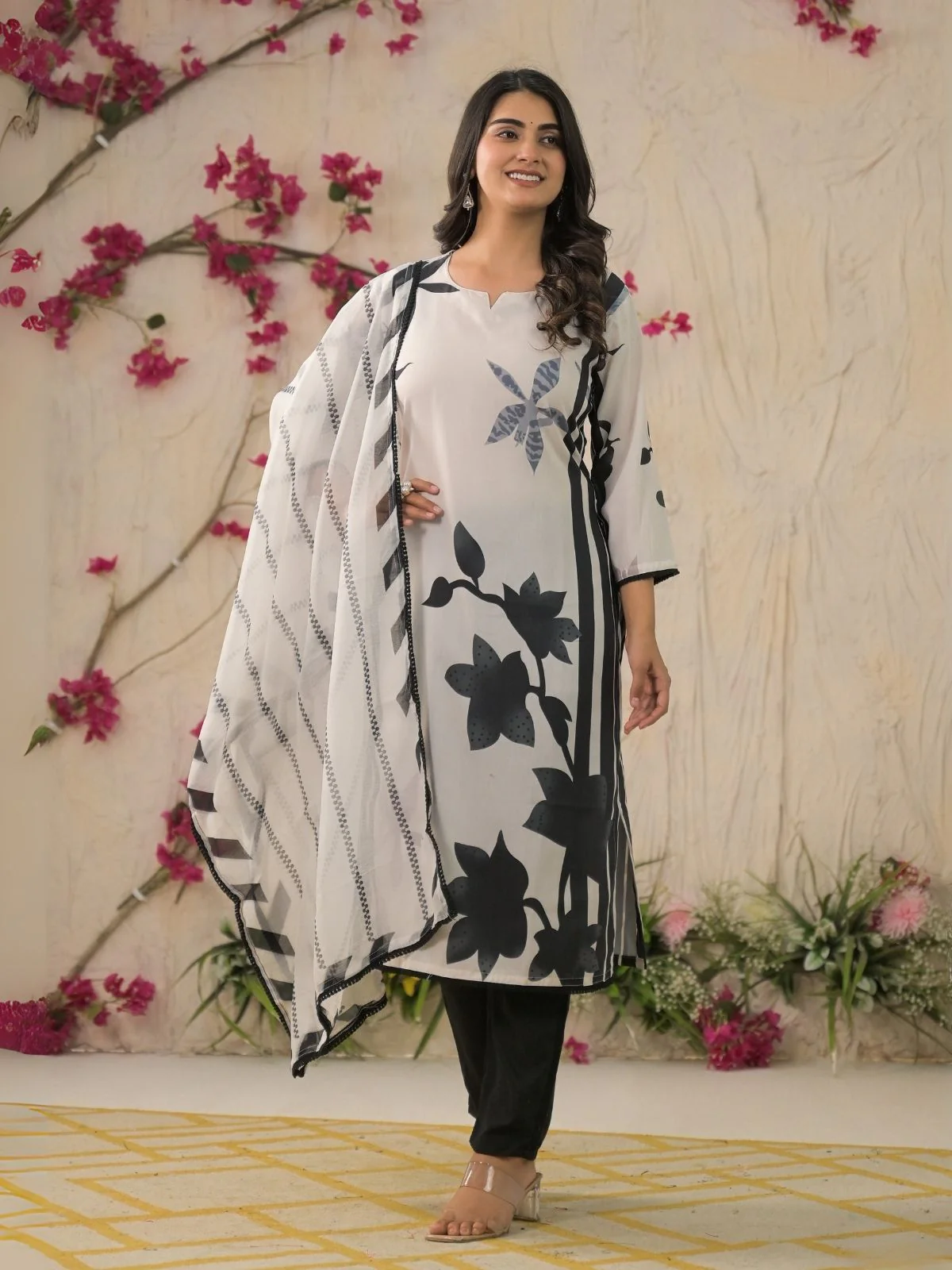 Odette Black & White Cotton Blend Printed Stitched Kurta Set For Women - Image 2