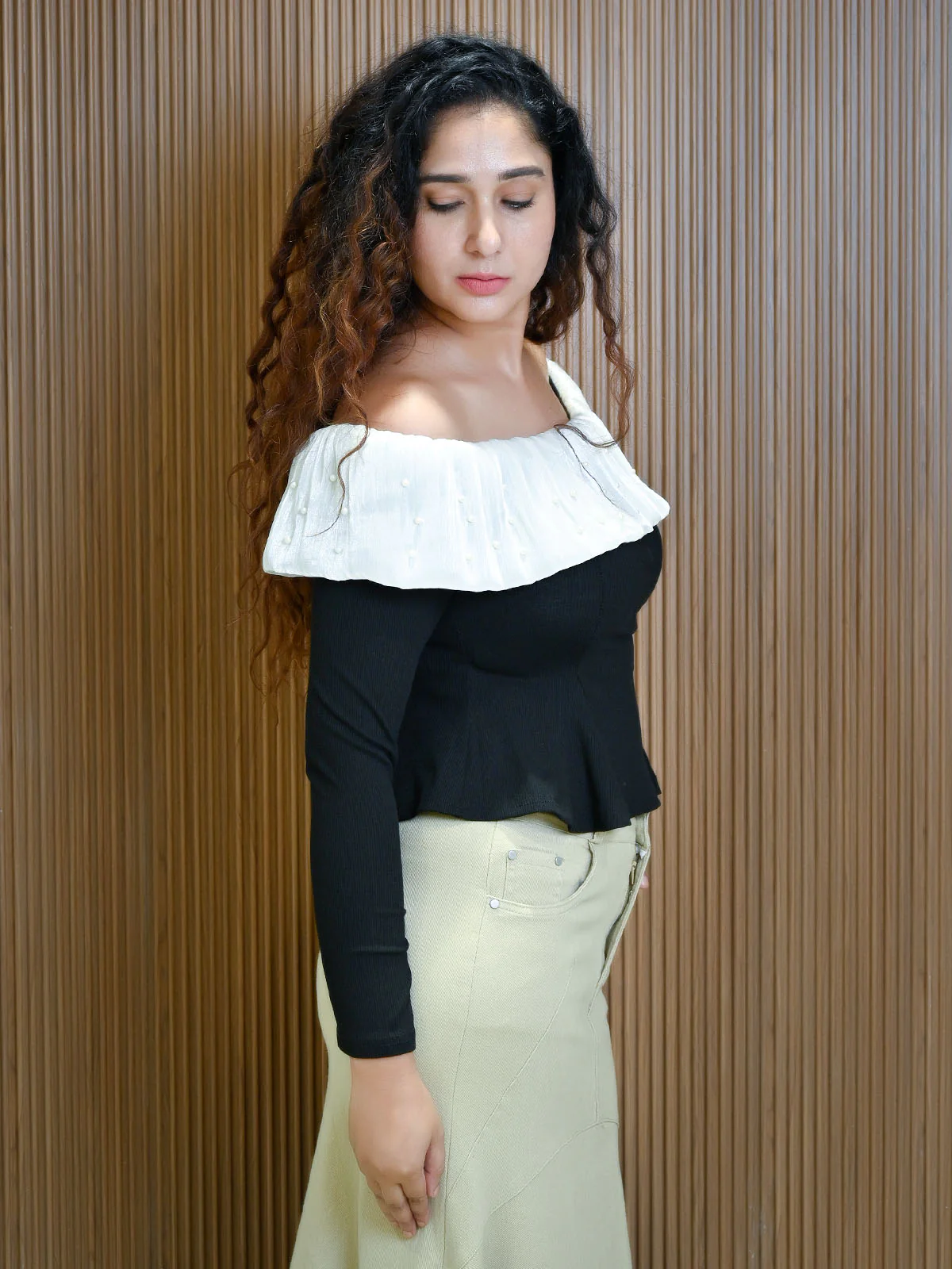 Odette Black & White Cotton Rib Solid Top For Women - Image 2