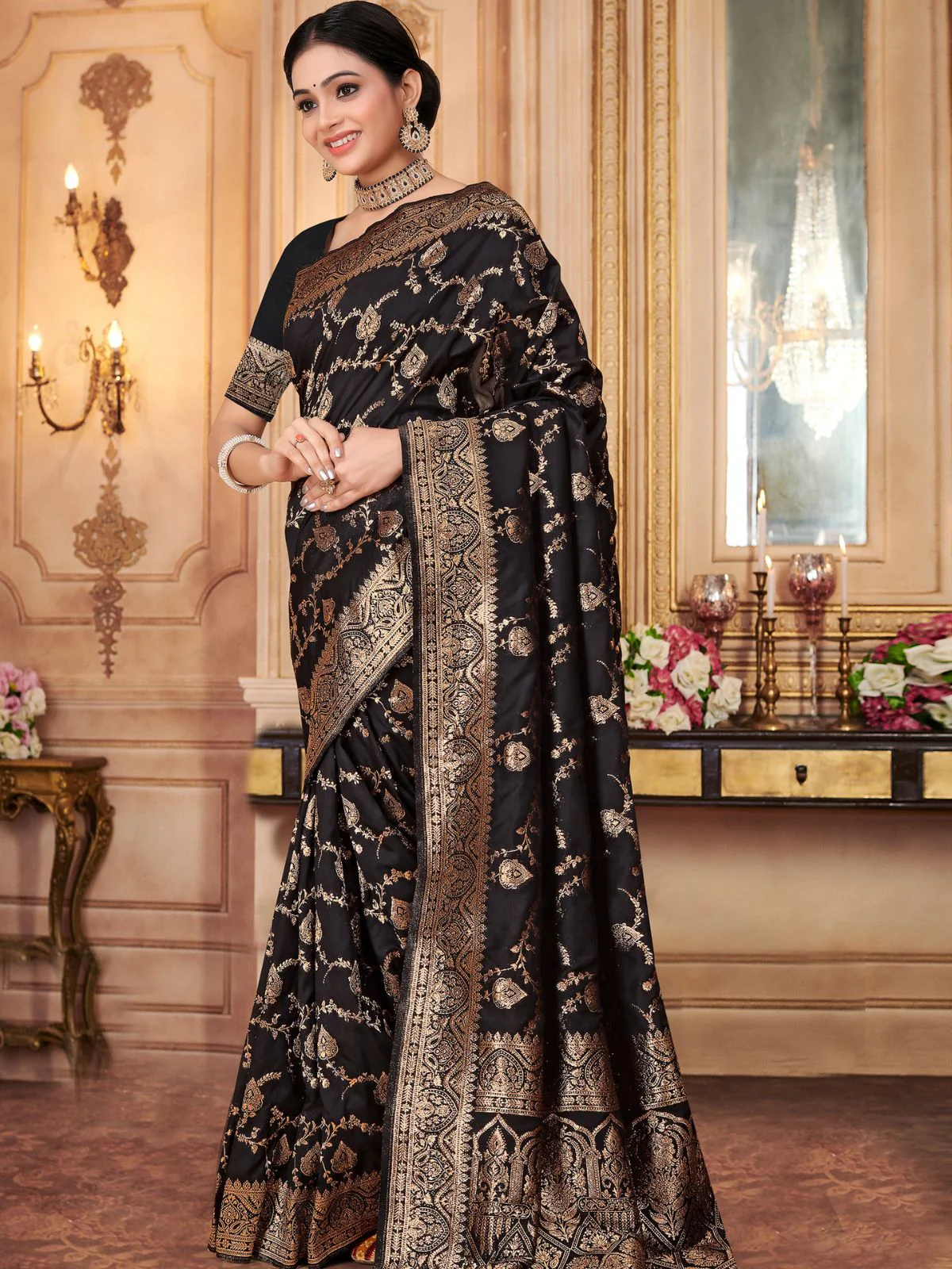 Odette Black Woven Banarasi Silk Saree With Unstitched Blouse For Women - Image 3