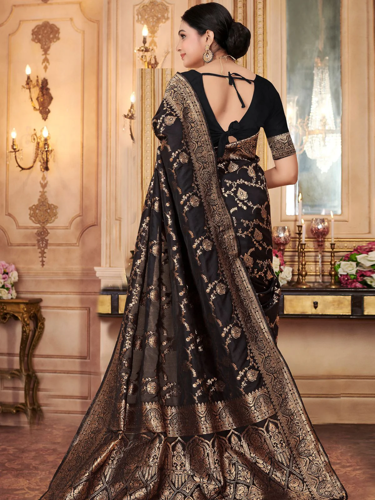 Odette Black Woven Banarasi Silk Saree With Unstitched Blouse For Women - Image 5
