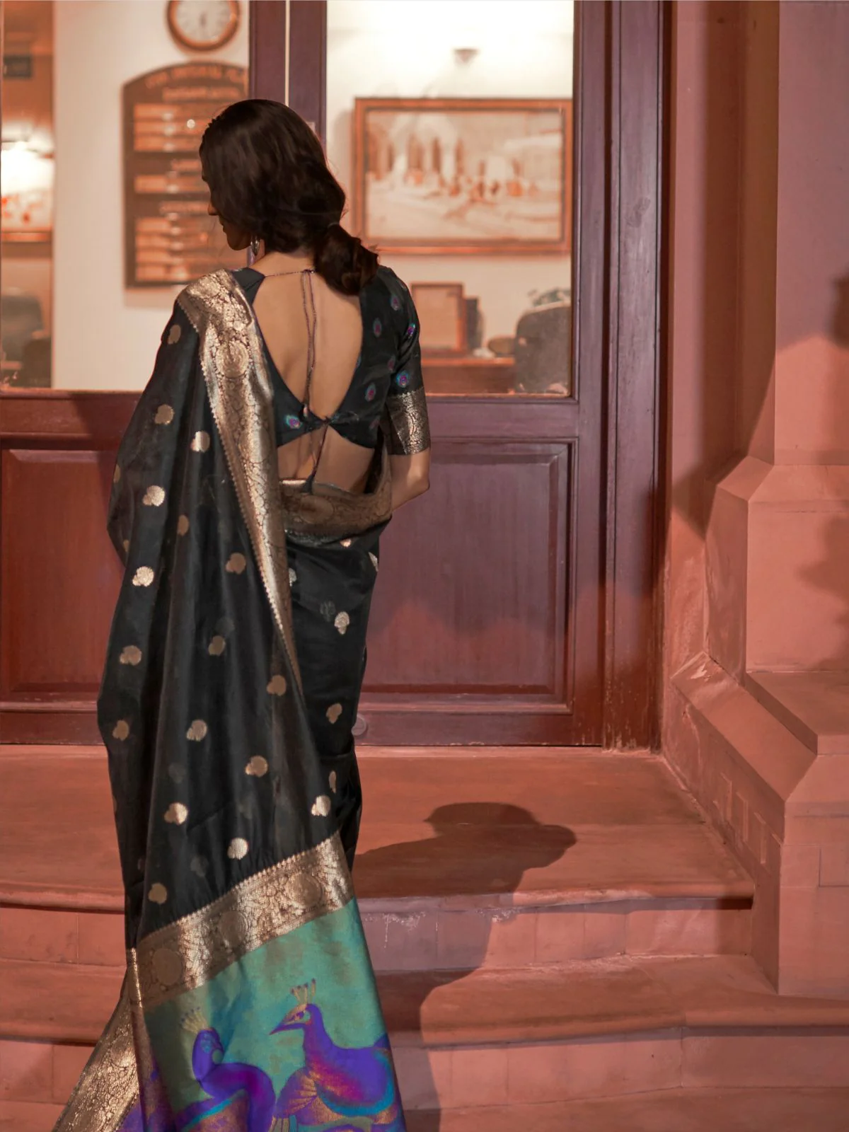 Odette Black Woven Design Silk Blend Saree With Unstitched Blouse For Women - Image 3