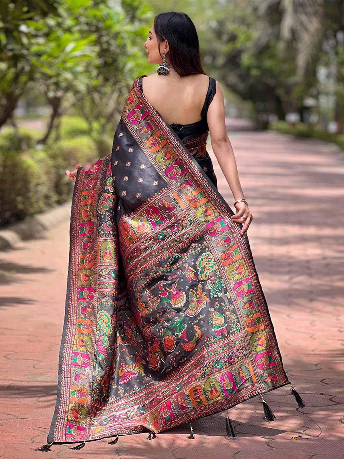Odette Black Woven Design Silk Blend Saree With Unstitched Blouse For Women - Image 5