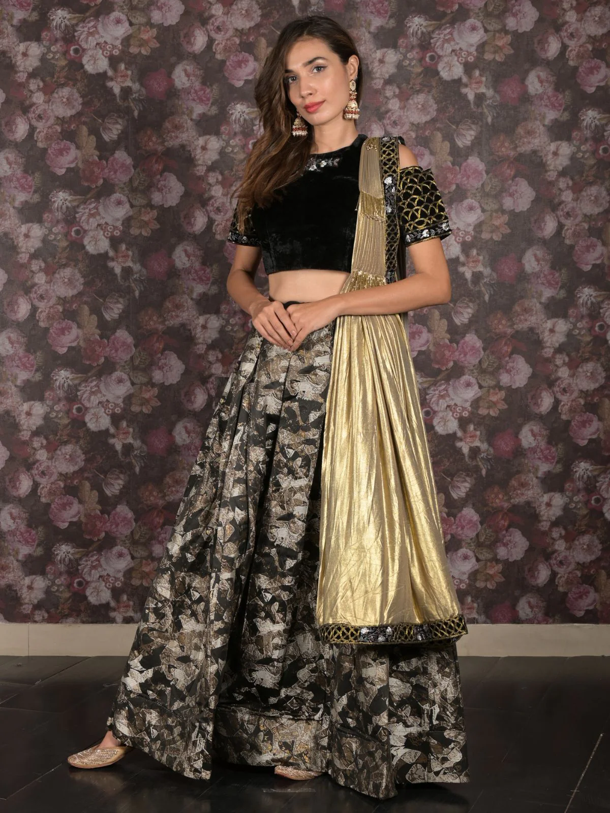 Odette Black Woven Semi Stitched Lehenga Set With Dupatta And Stitched Blouse For Women - Image 2