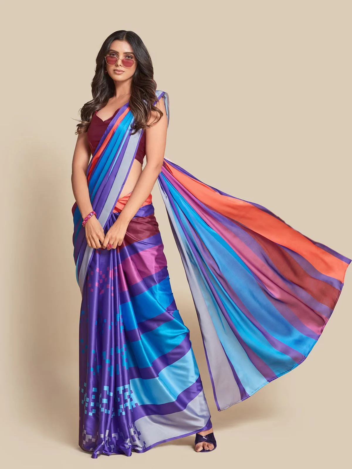 Odette Blue And Multicolor Satin Printed Saree With Unstitched Blouse For Women - Image 2