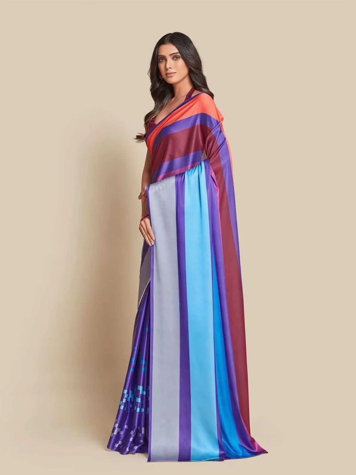 Odette Blue And Multicolor Satin Printed Saree With Unstitched Blouse For Women - Image 4