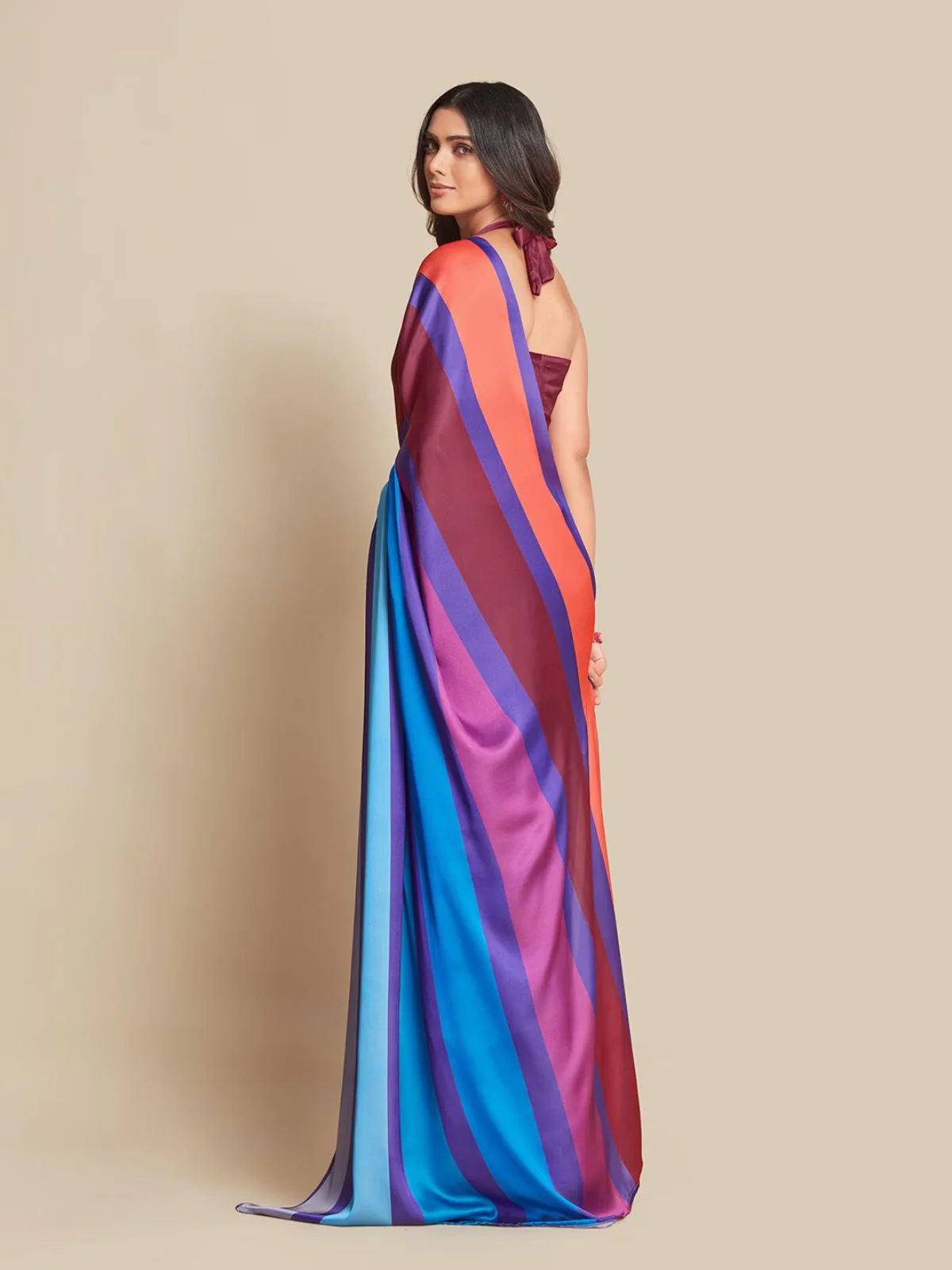 Odette Blue And Multicolor Satin Printed Saree With Unstitched Blouse For Women - Image 5