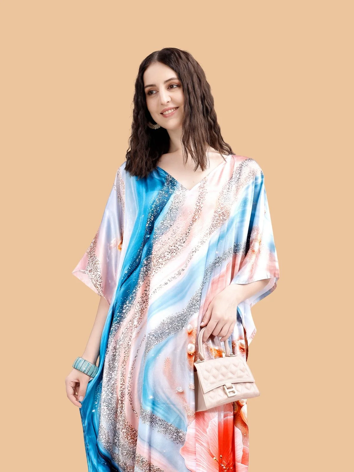 Odette Blue And Orange Satin Printed Kaftan For Women - Image 4