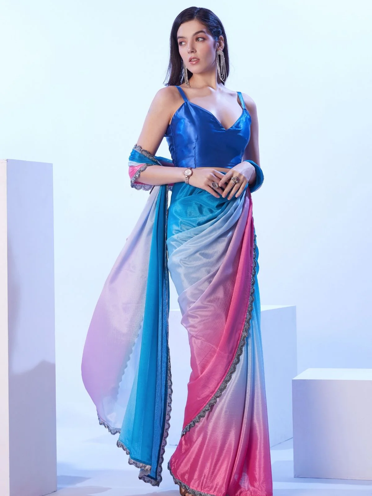 Odette Blue And Pink Chinon Lace Work Saree With Unstitched Blouse For Women - Image 3