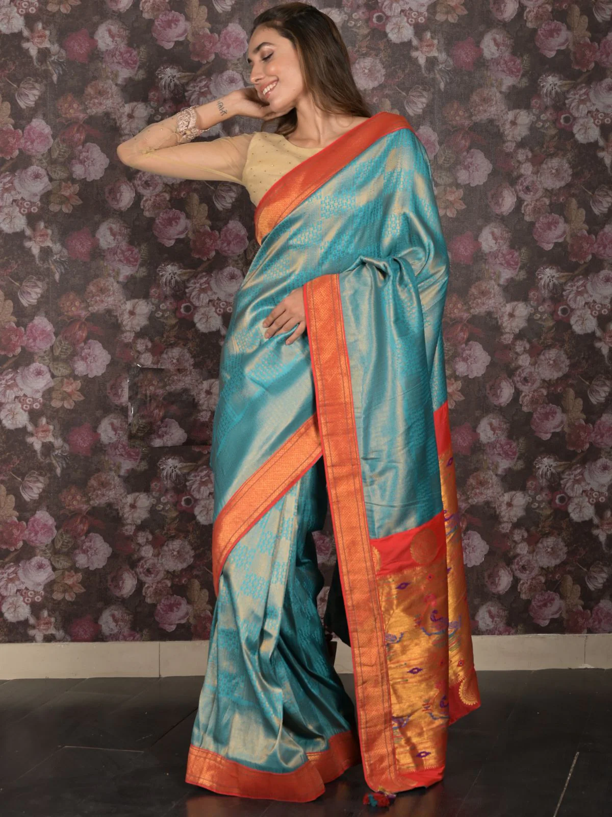 Odette Blue and Red Woven Banglori Silk Saree with Unstitched Blouse for Women - Image 2