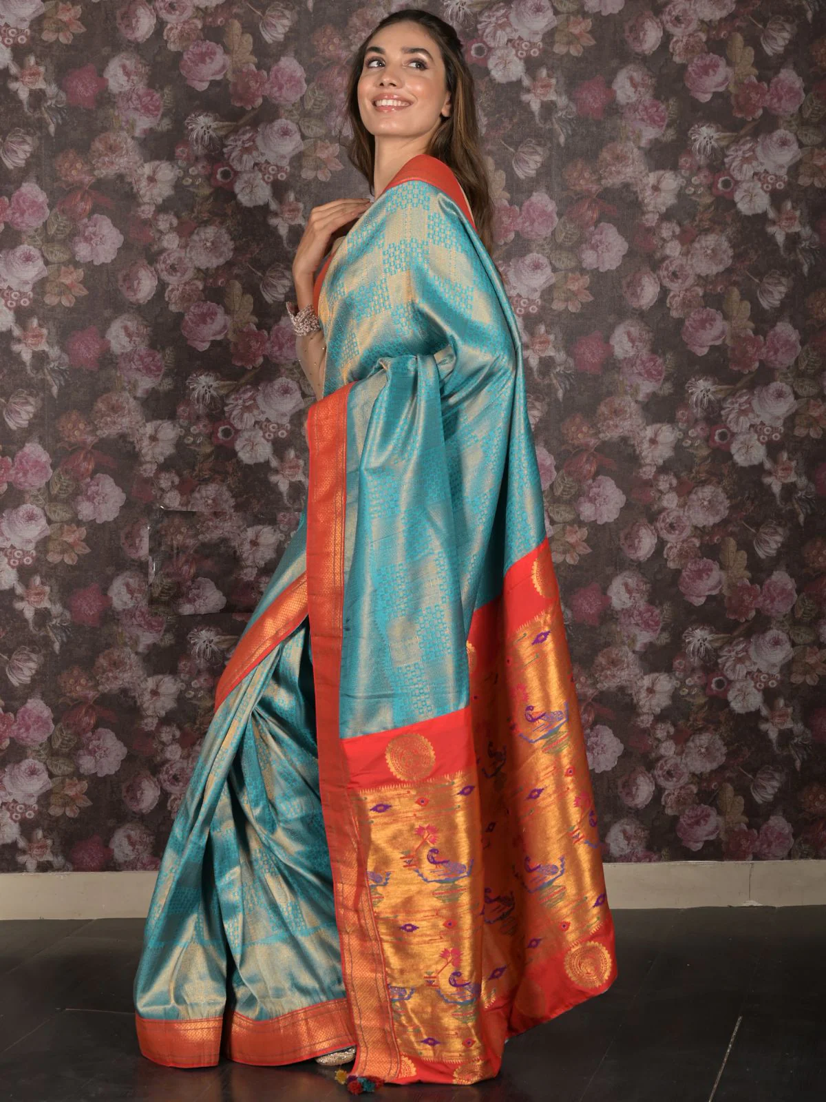 Odette Blue and Red Woven Banglori Silk Saree with Unstitched Blouse for Women - Image 3
