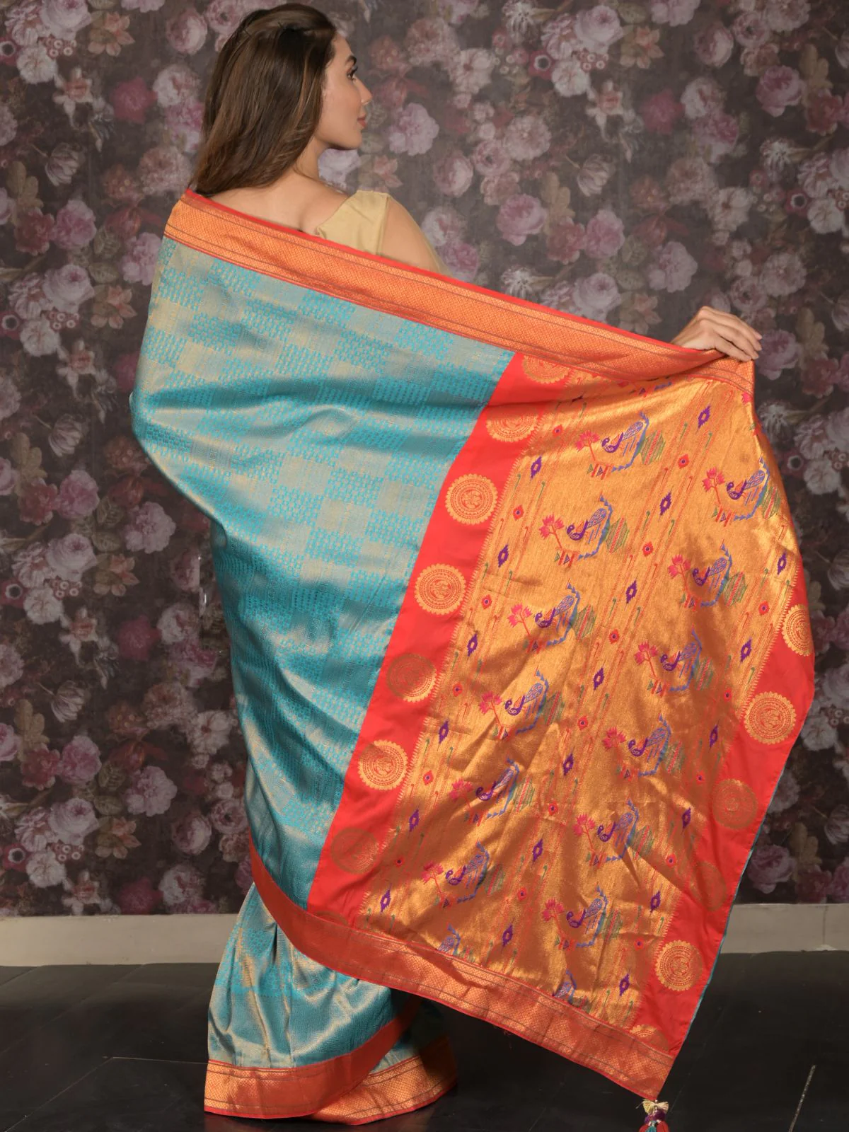 Odette Blue and Red Woven Banglori Silk Saree with Unstitched Blouse for Women - Image 4