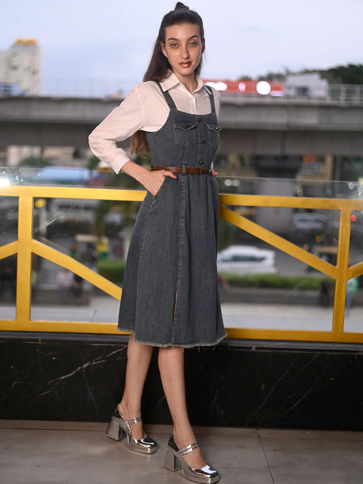 Odette Blue & White Denim and Poplin Pinafore Dress Women - Image 3