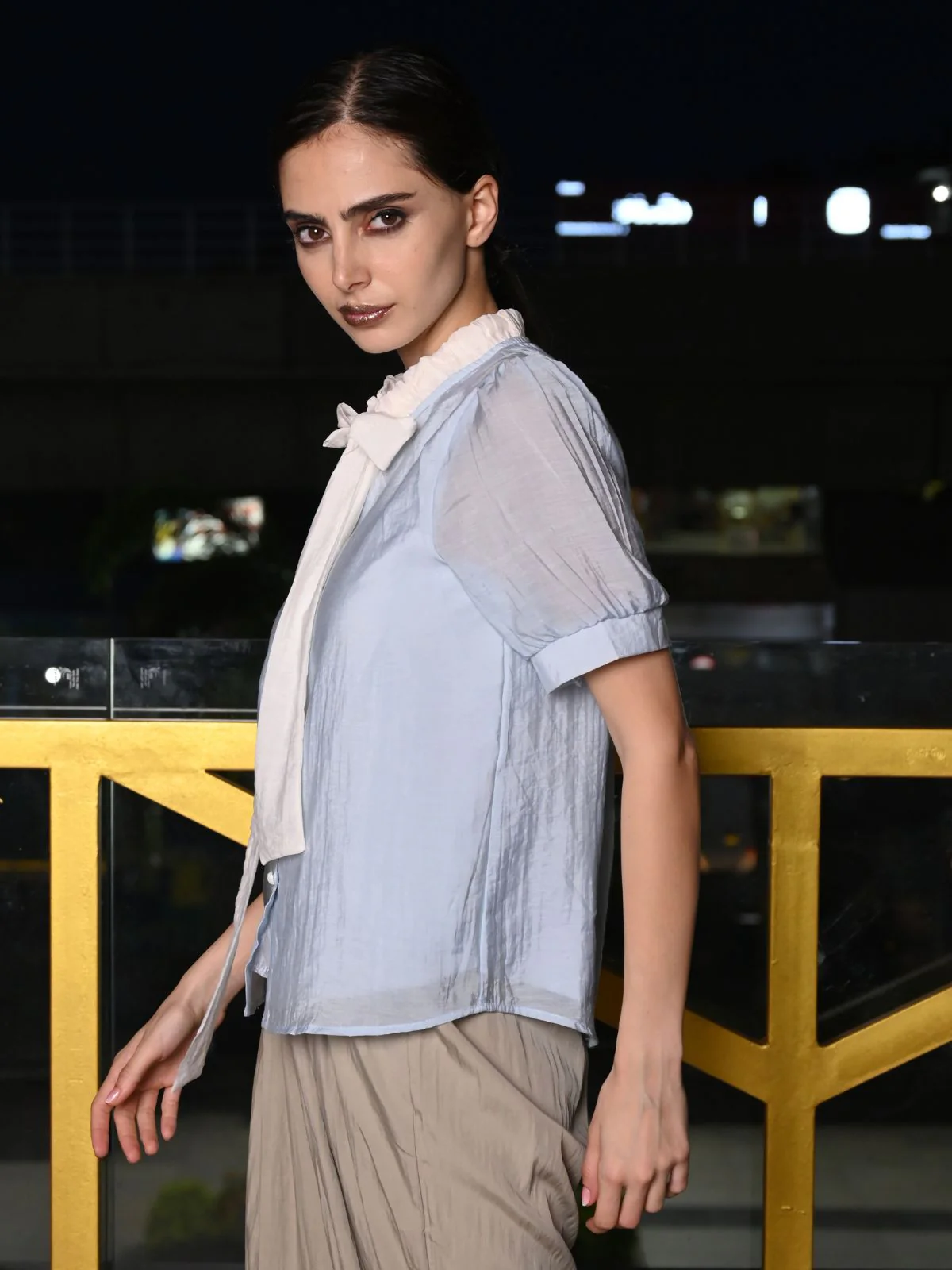Odette Blue And White Solid Voile Top For Women - Image 3