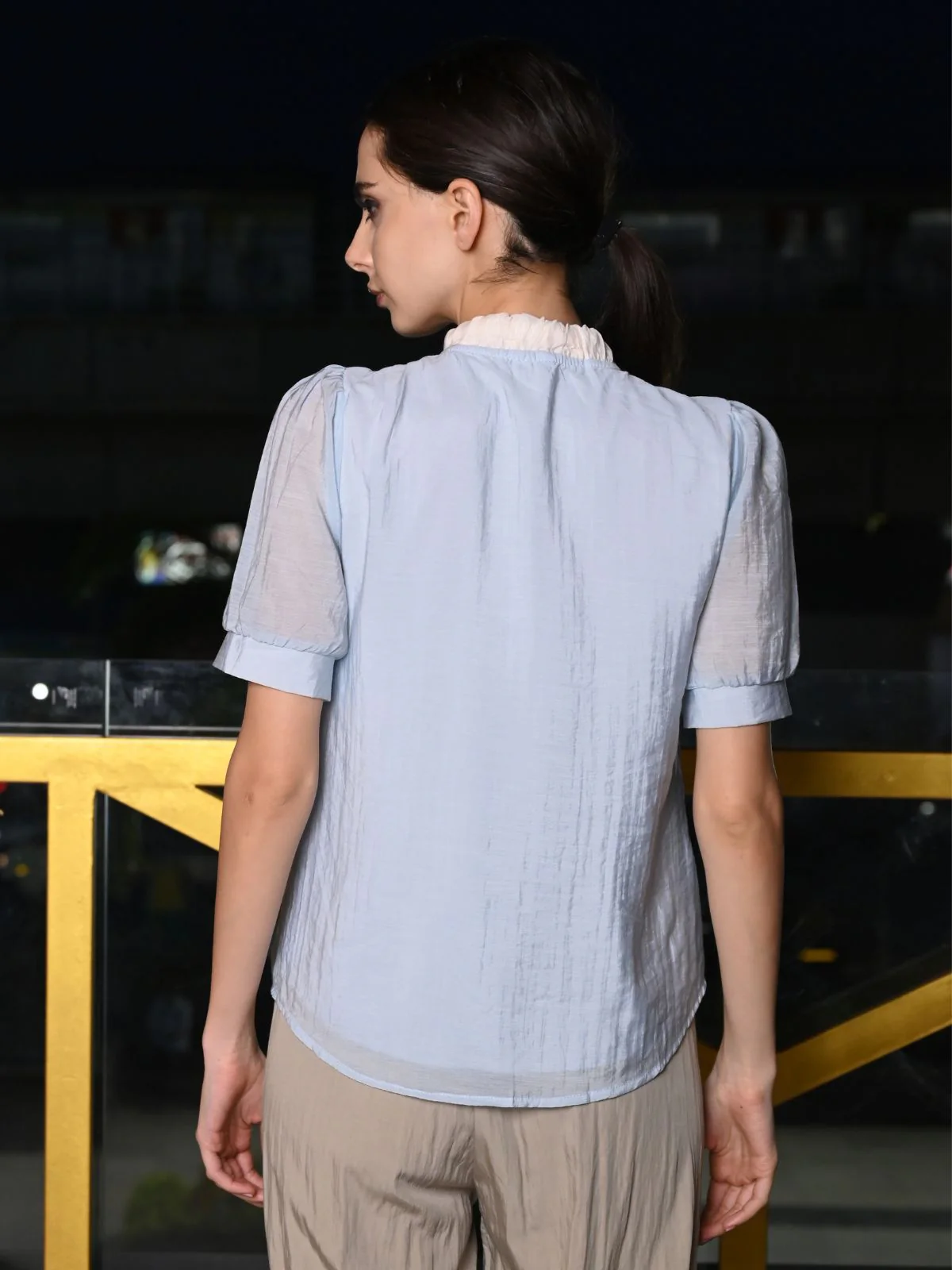 Odette Blue And White Solid Voile Top For Women - Image 4