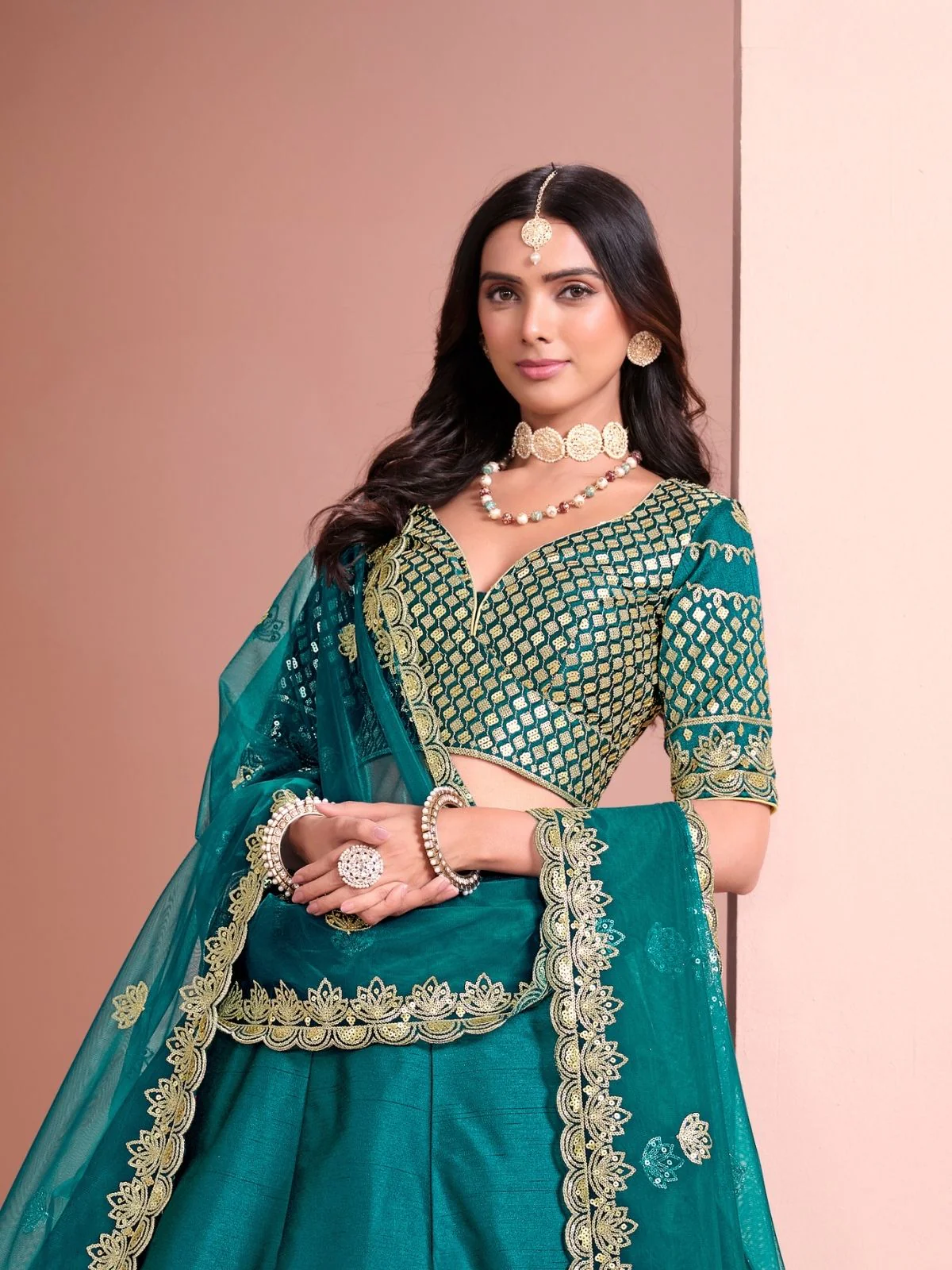 Odette Blue Art Silk Embellished Semi-Stitched lehenga For Women - Image 4