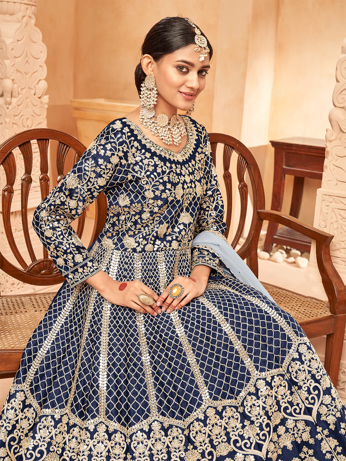 Odette Blue Art Silk Embroidered Semi stitched Kurta Set For Women - Image 3