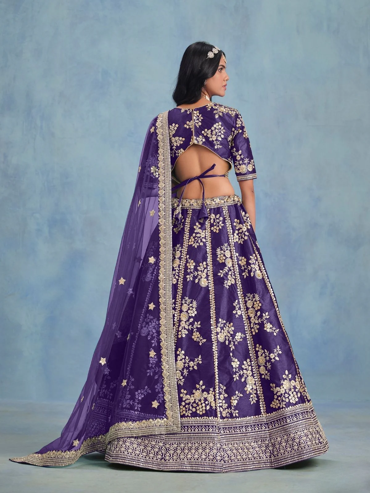 Odette Blue Art Silk Embroidered Semi-Stitched lehenga For Women - Image 4