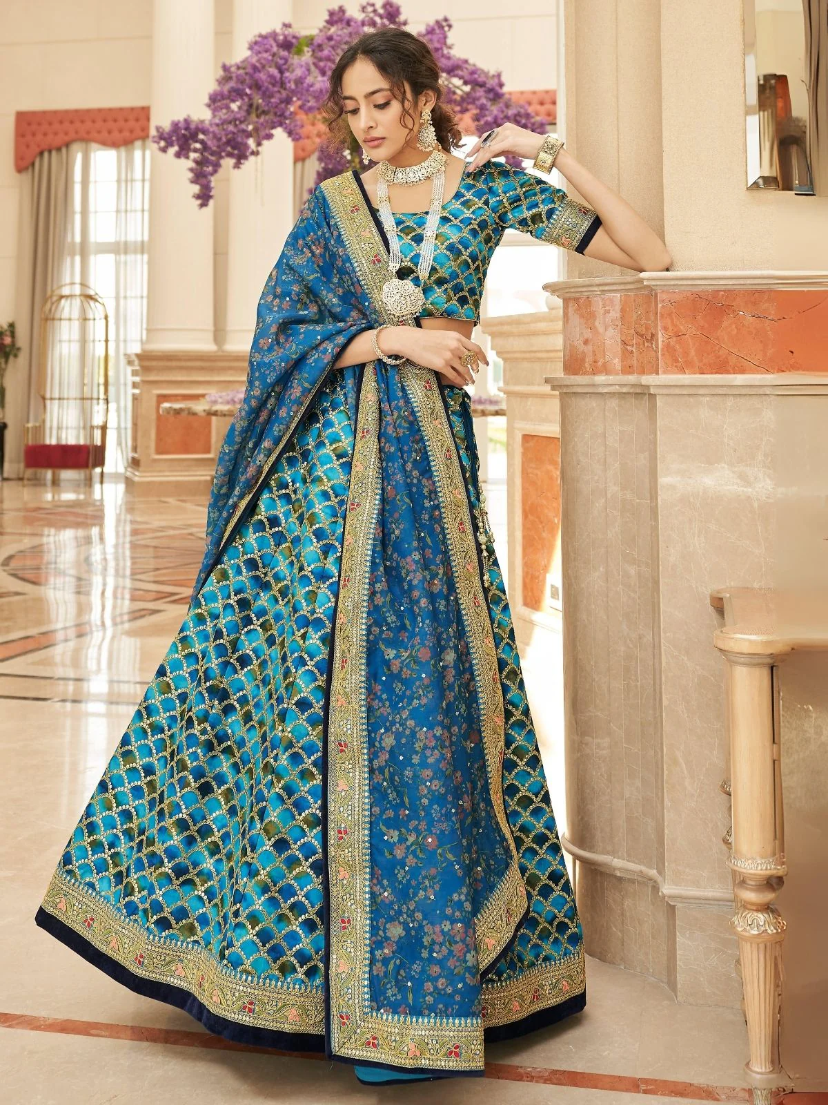Odette Blue Art Silk Embroidered Semi Stitched Lehenga With Blouse For Women - Image 2