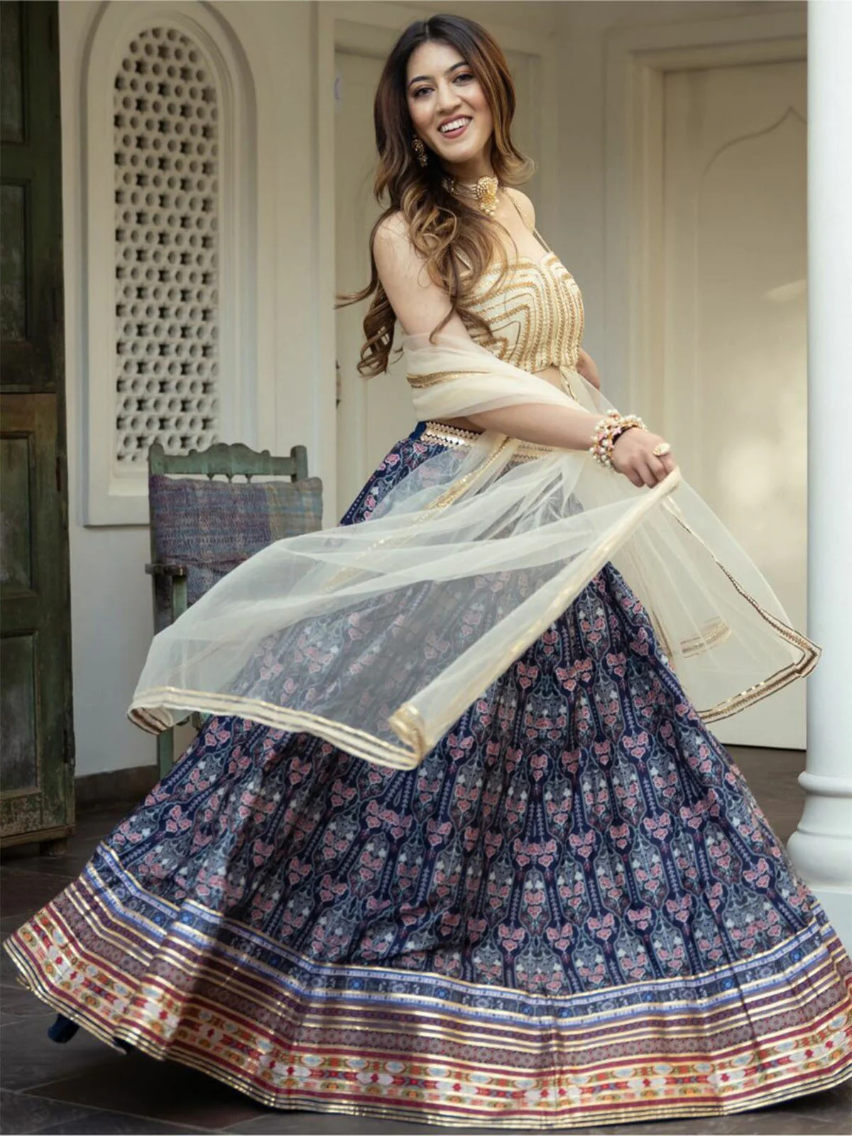 Odette Blue Art Silk Printed Semi Stitched Lehenga With Unstitched Blouse For Women - Image 2