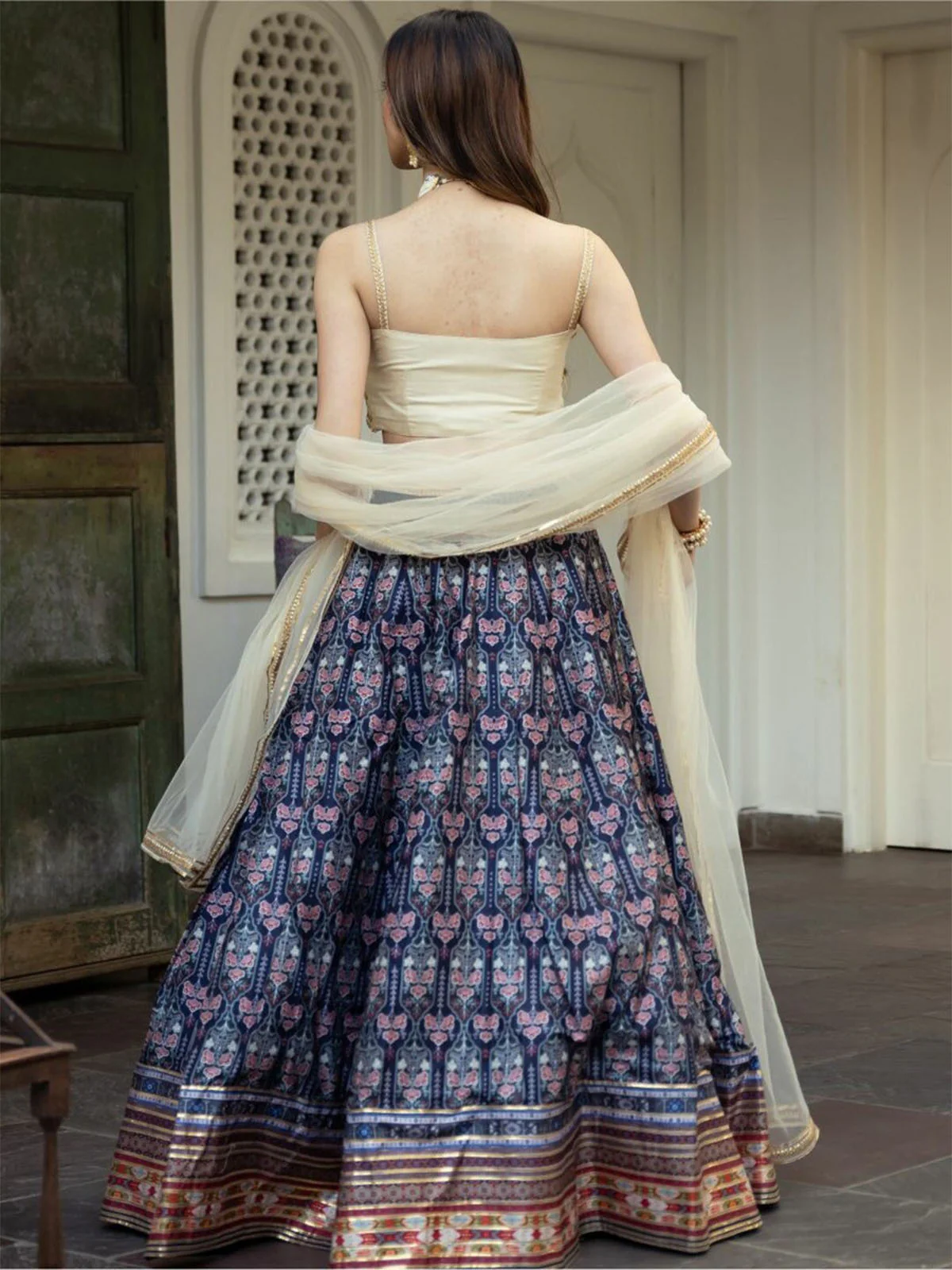 Odette Blue Art Silk Printed Semi Stitched Lehenga With Unstitched Blouse For Women - Image 3