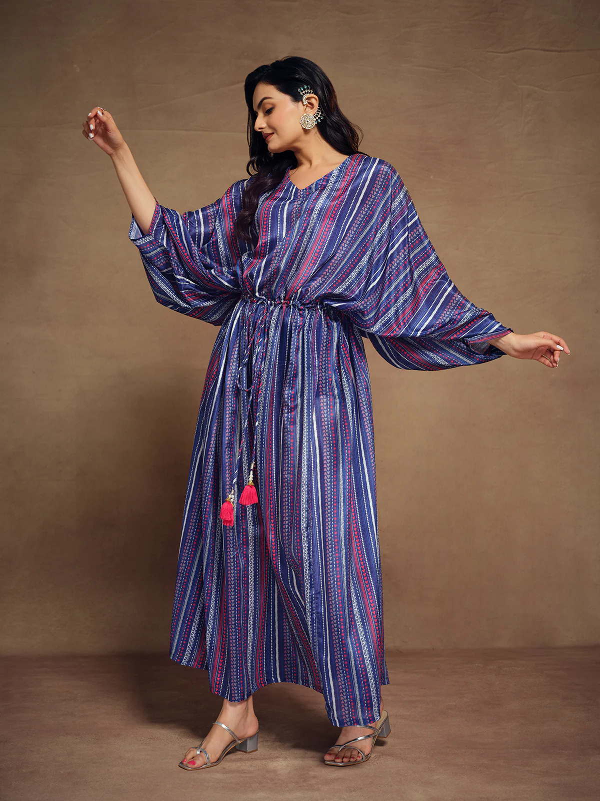 Odette Blue Art Silk Printed Stitched Kaftan For Women - Image 3