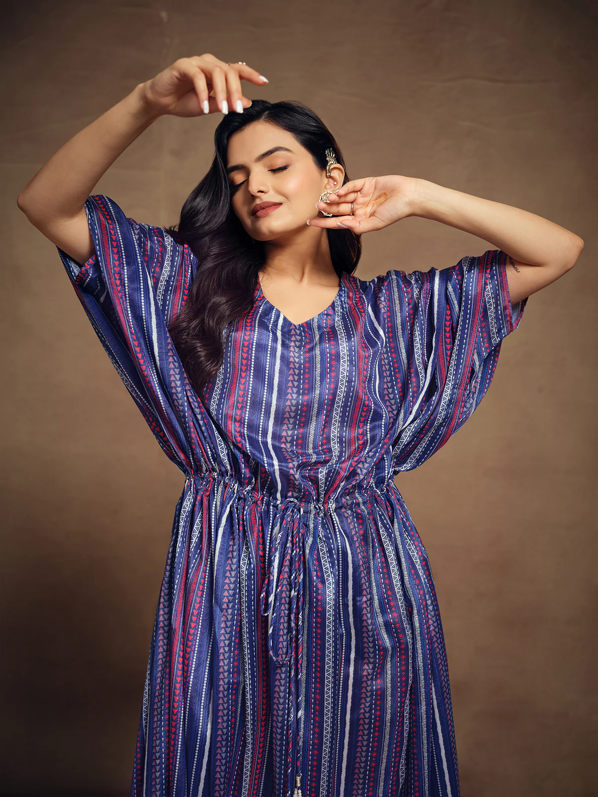 Odette Blue Art Silk Printed Stitched Kaftan For Women - Image 5