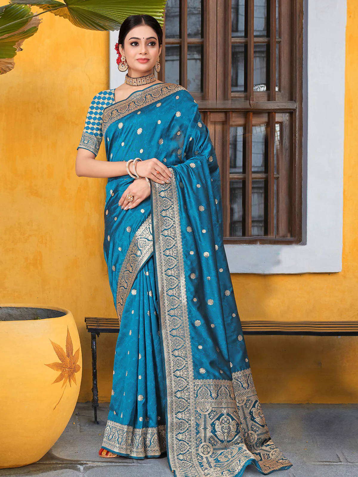 Odette Blue Banarasi Woven Saree With Unstitched Blouse For Women - Image 3
