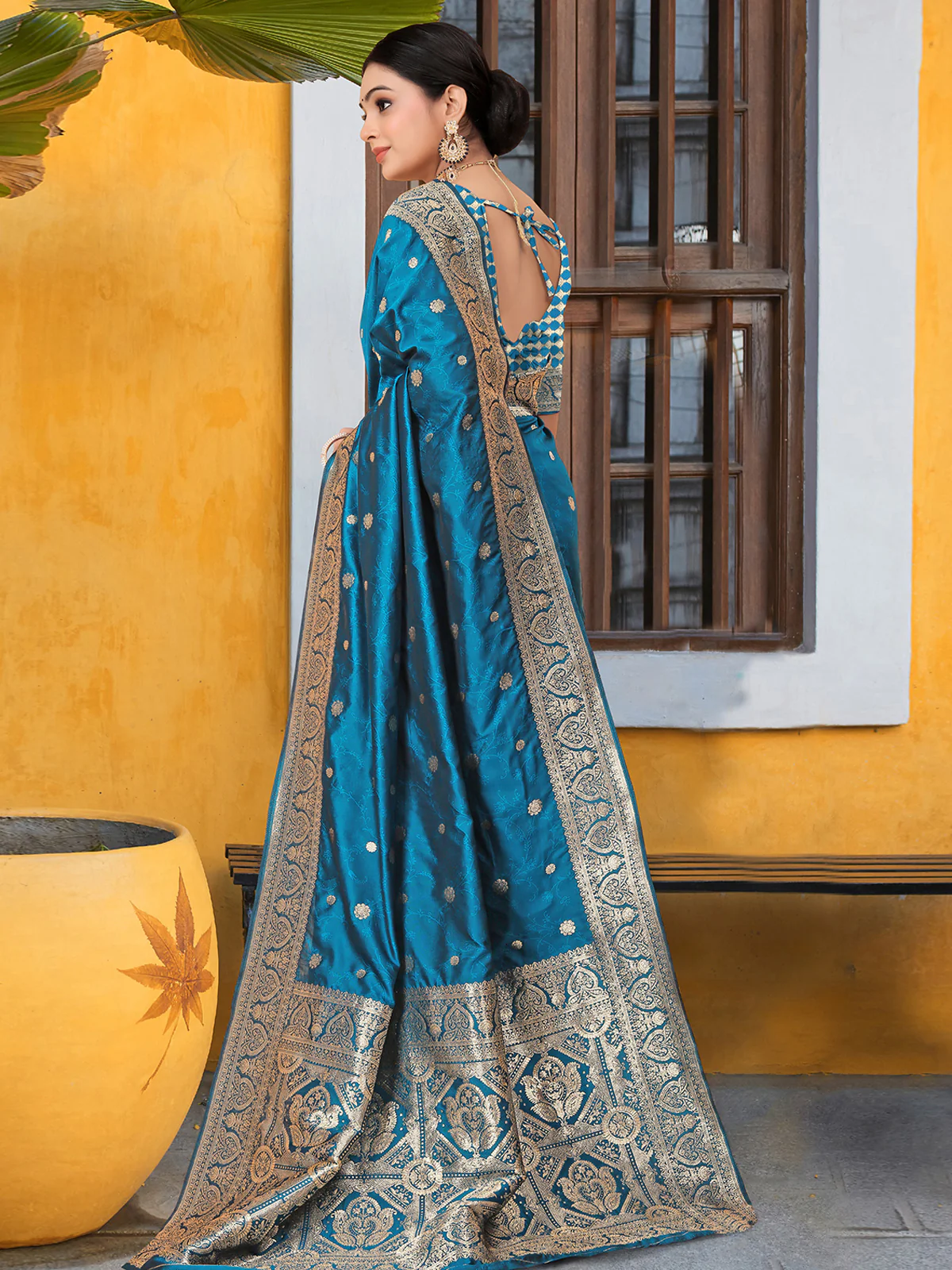 Odette Blue Banarasi Woven Saree With Unstitched Blouse For Women - Image 4