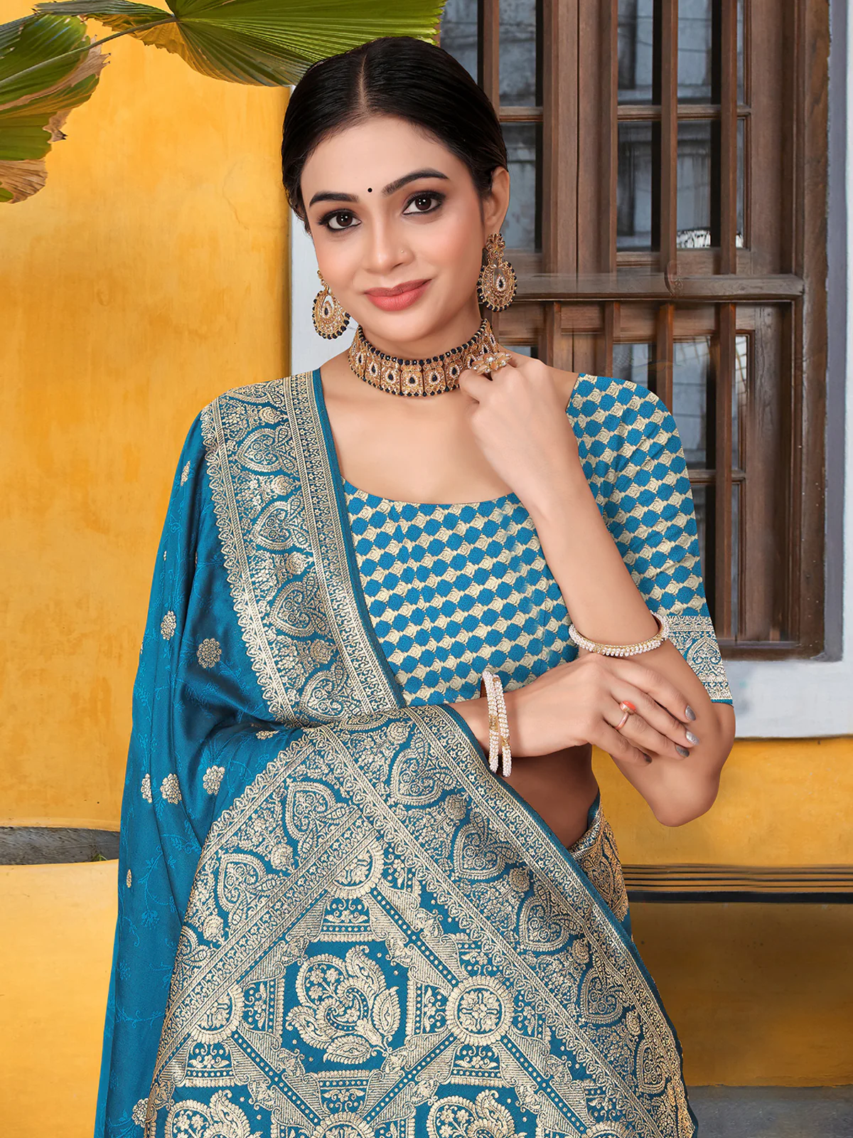 Odette Blue Banarasi Woven Saree With Unstitched Blouse For Women - Image 5