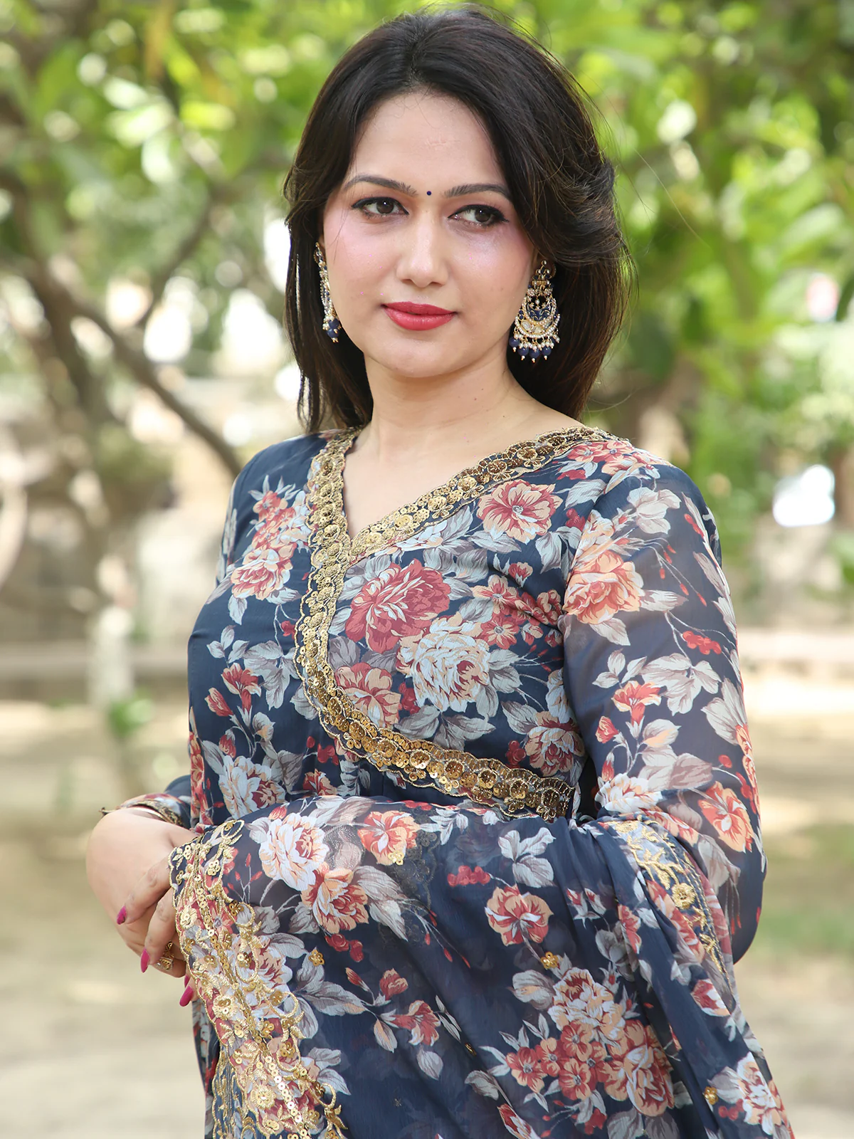 Odette Blue Chiffon Printed Stitched Salwar Suit For Women - Image 3