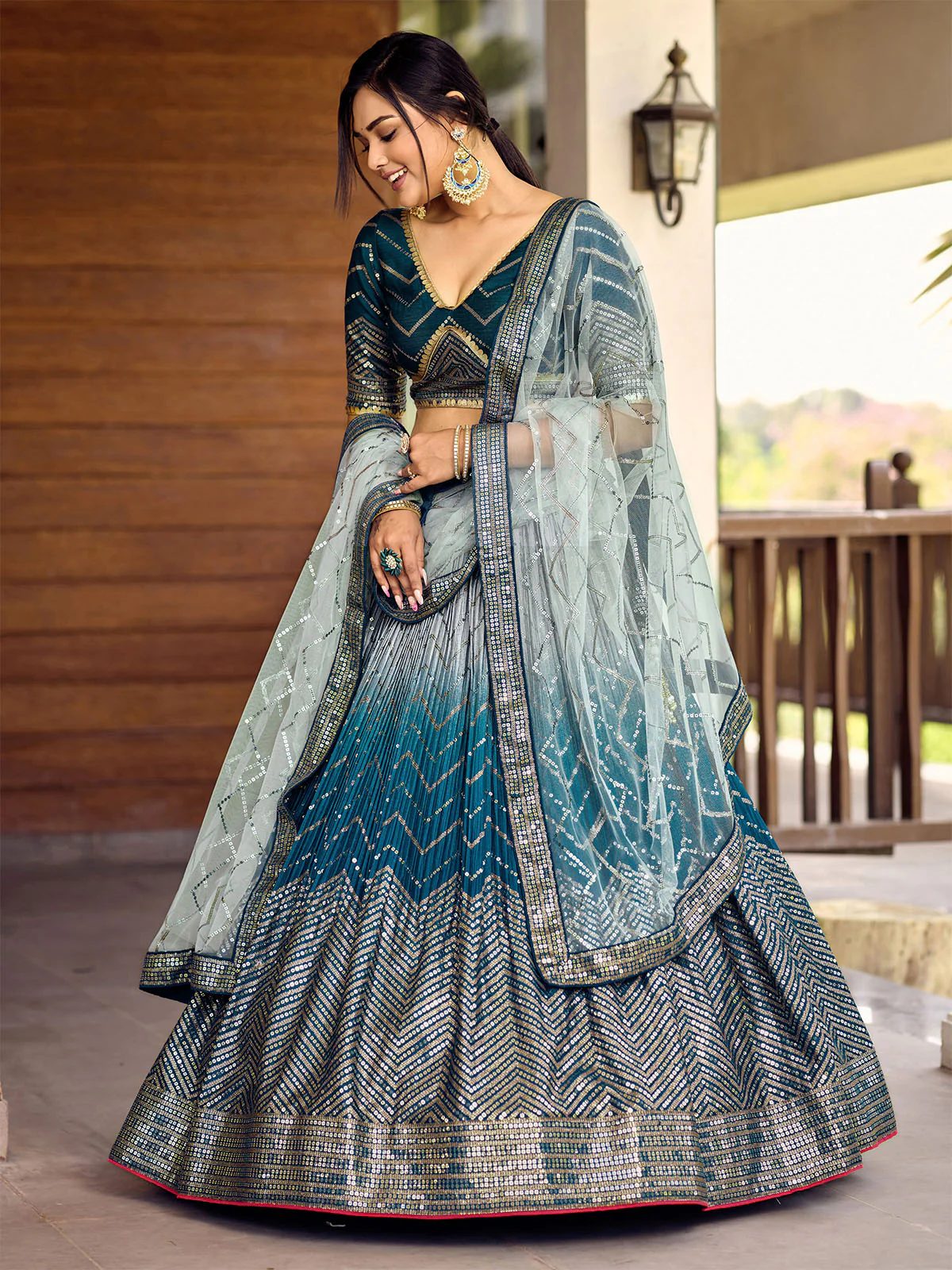 Odette Blue Chinon Embellished Semi Stitched Lehenga With Unstitched Blouse For Women - Image 2