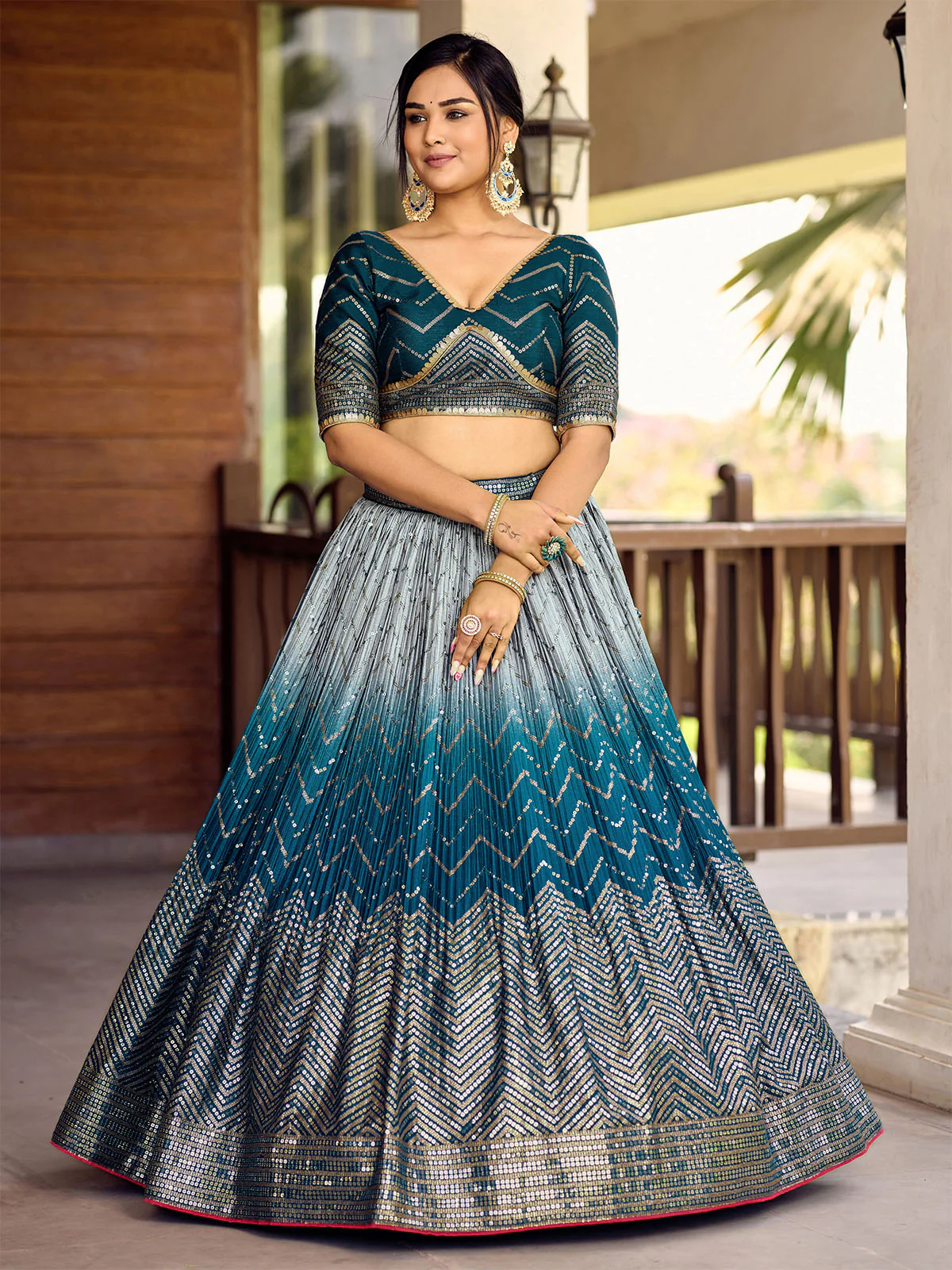 Odette Blue Chinon Embellished Semi Stitched Lehenga With Unstitched Blouse For Women - Image 3