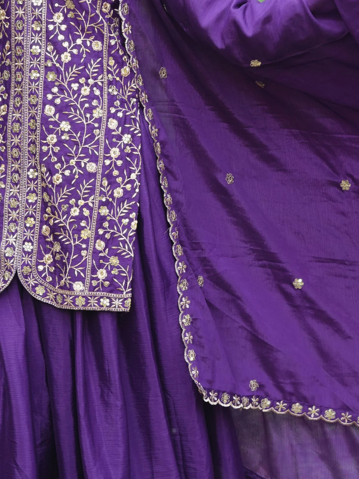 Odette Purple Chinon Embroidered & Cutwork Kurta Set For Women - Image 3