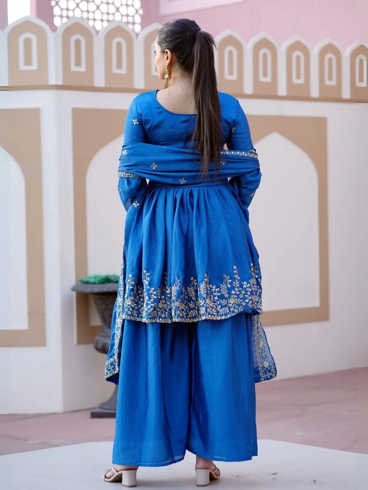 Odette Blue Chinon Embroidered Stitched Kurta Set For Women - Image 2