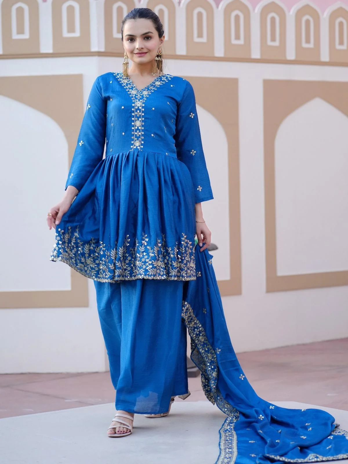 Odette Blue Chinon Embroidered Stitched Kurta Set For Women - Image 3