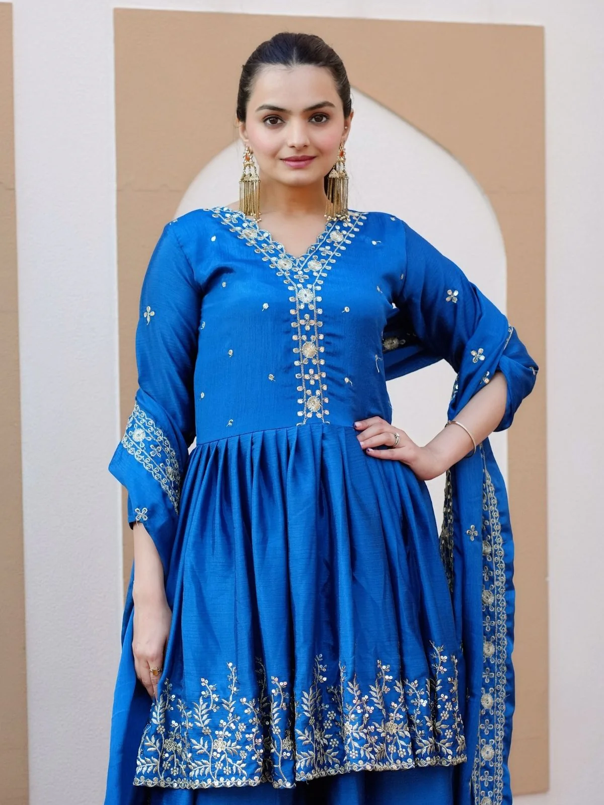 Odette Blue Chinon Embroidered Stitched Kurta Set For Women - Image 4