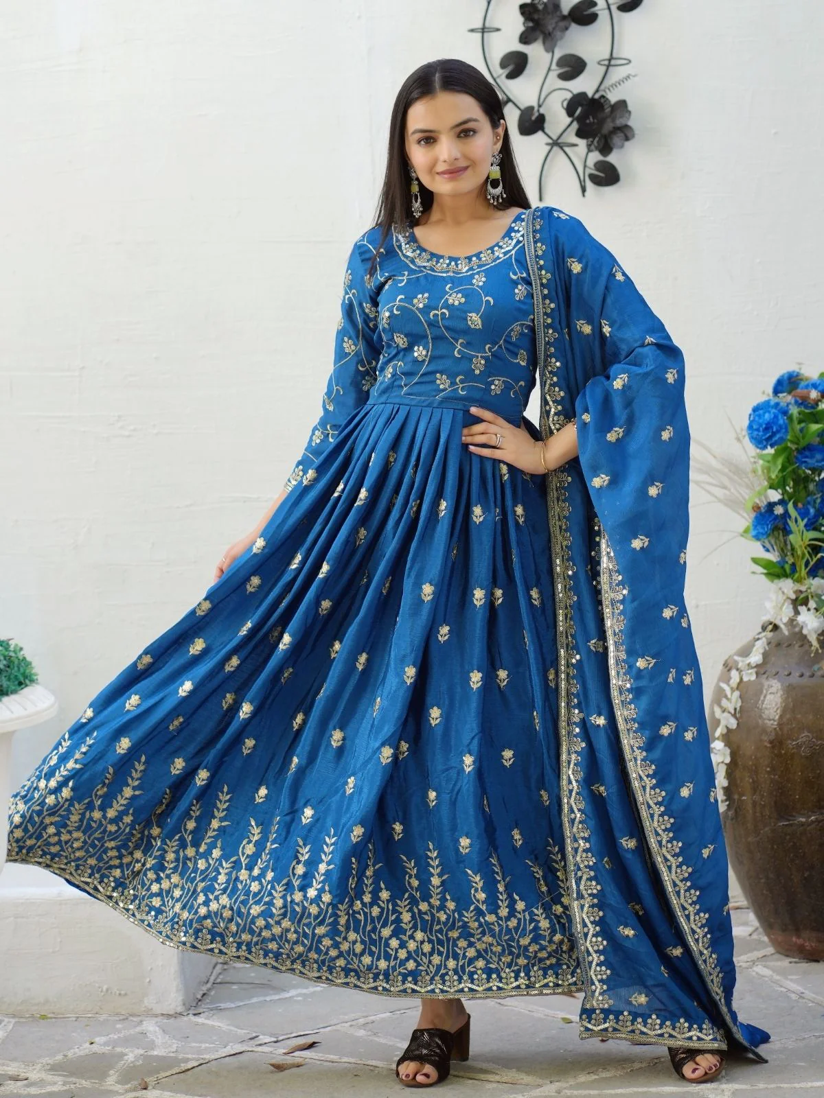 Odette Blue Chinon Embroidered Stitched Kurta Set For Women - Image 5