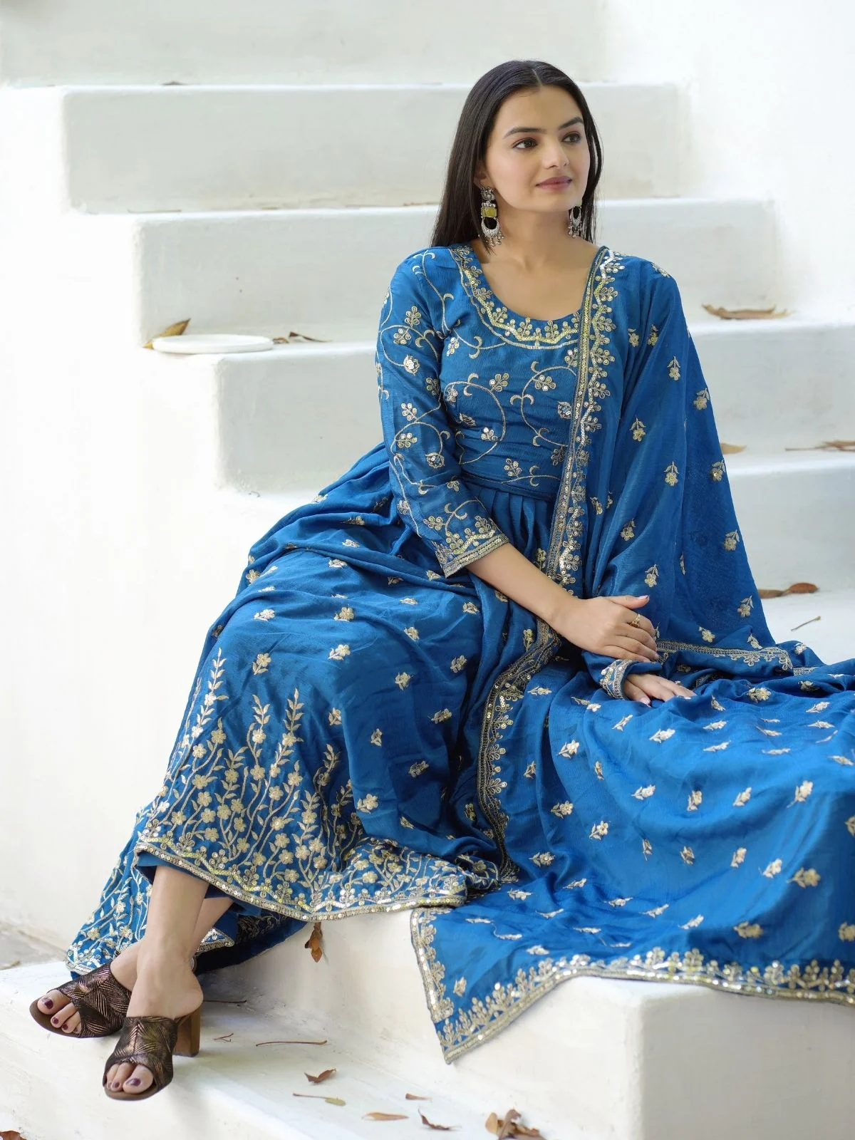 Odette Blue Chinon Embroidered Stitched Kurta Set For Women - Image 6