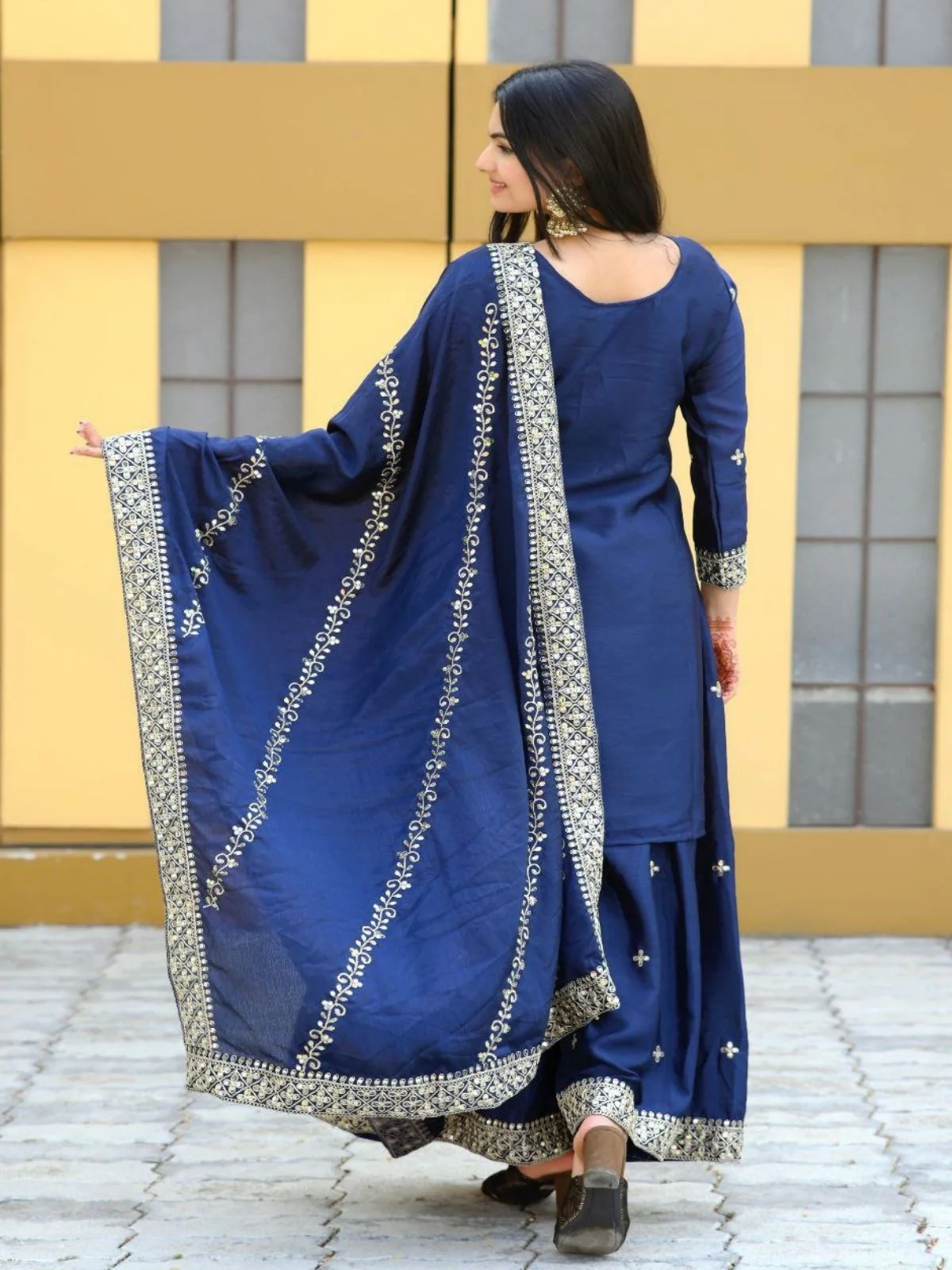 Odette Blue ChinonÂ Embroidered Stitched Kurta Set For Women - Image 2