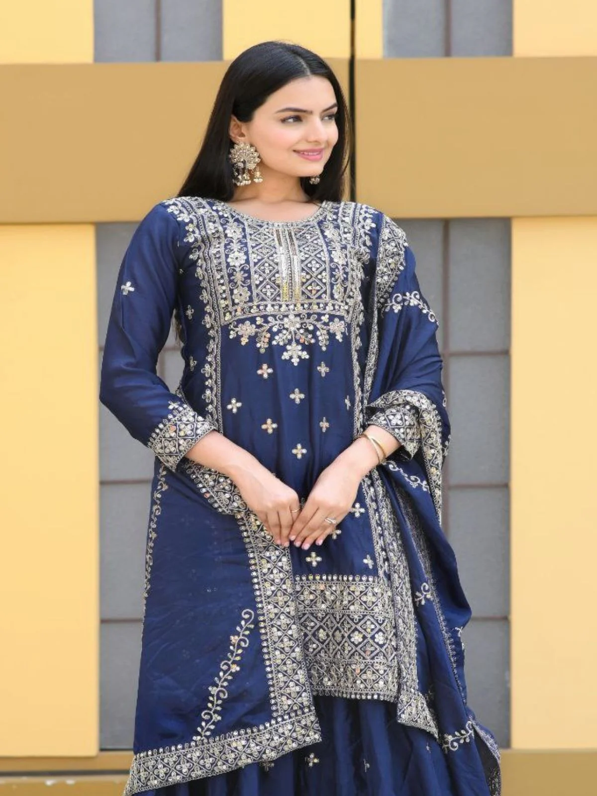 Odette Blue ChinonÂ Embroidered Stitched Kurta Set For Women - Image 4