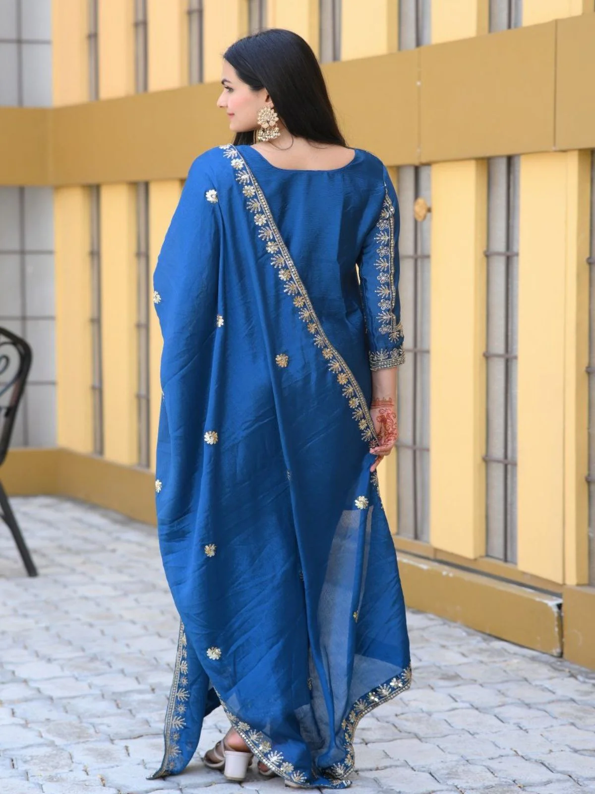 Odette Blue ChinonÂ Embroidered Stitched Kurta Set For Women - Image 2
