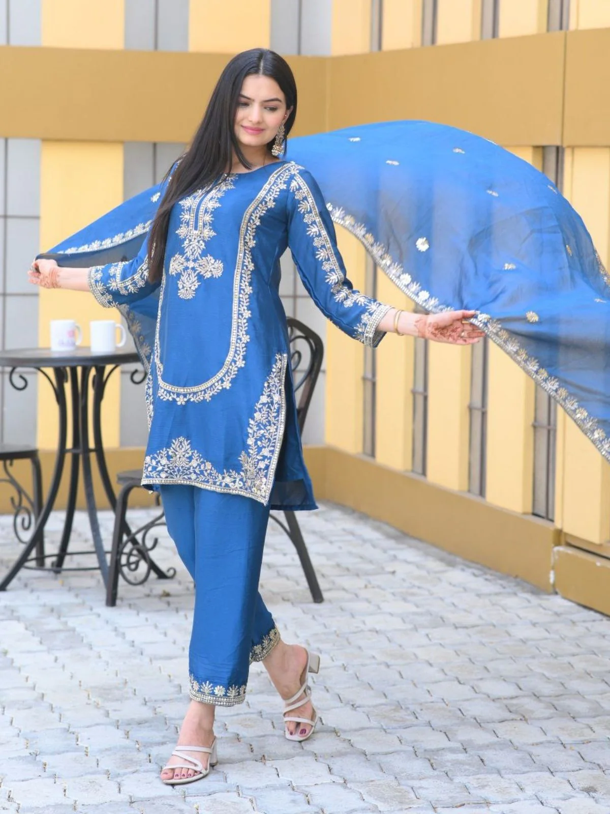 Odette Blue ChinonÂ Embroidered Stitched Kurta Set For Women - Image 3