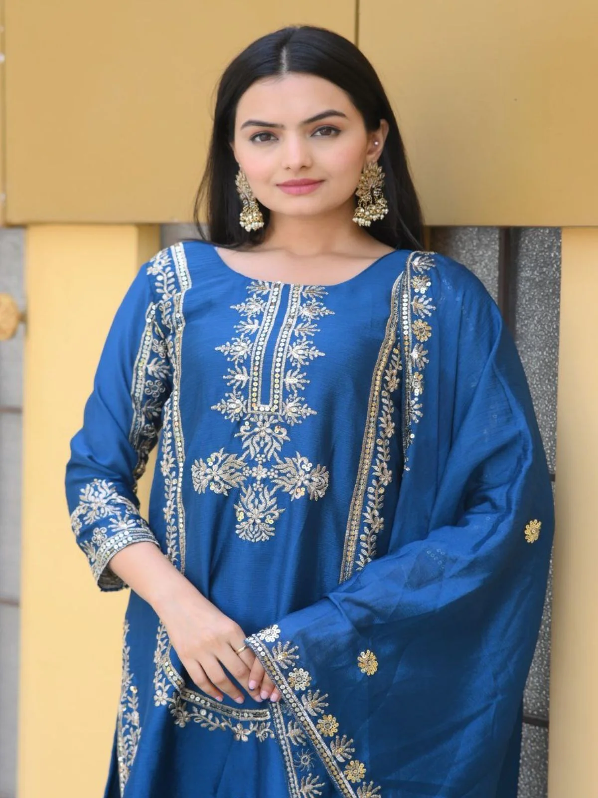 Odette Blue ChinonÂ Embroidered Stitched Kurta Set For Women - Image 4