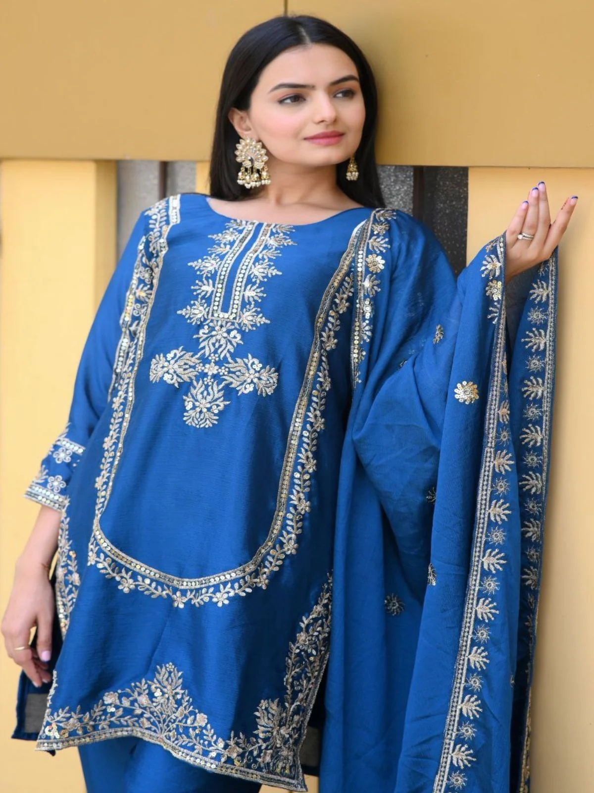 Odette Blue ChinonÂ Embroidered Stitched Kurta Set For Women - Image 5