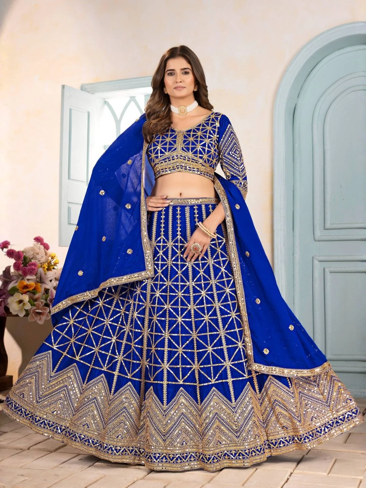 Odette Blue Chinon Sequence Embroidered Semi-Stitched Lehenga For Women - Image 2