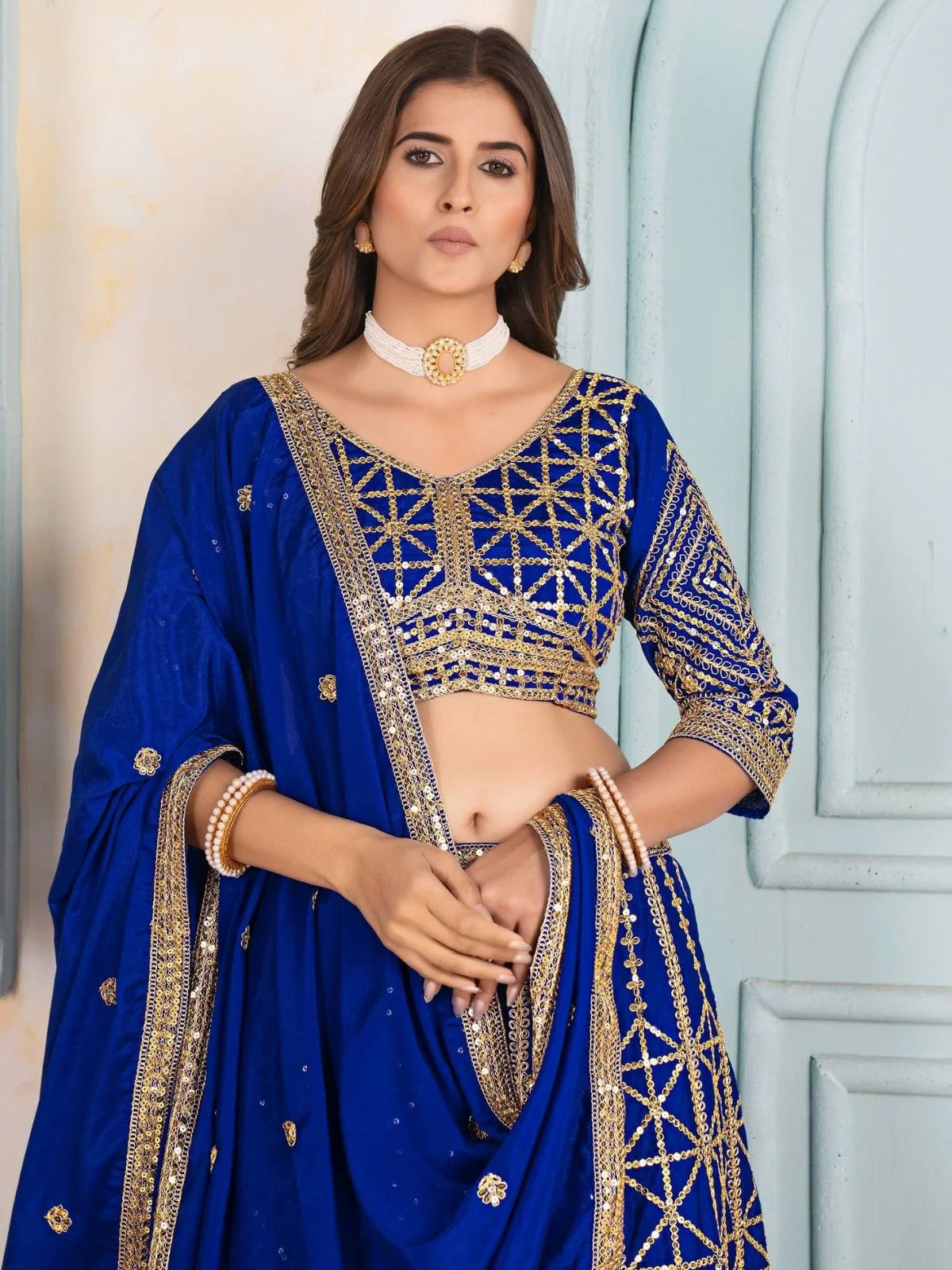 Odette Blue Chinon Sequence Embroidered Semi-Stitched Lehenga For Women - Image 3