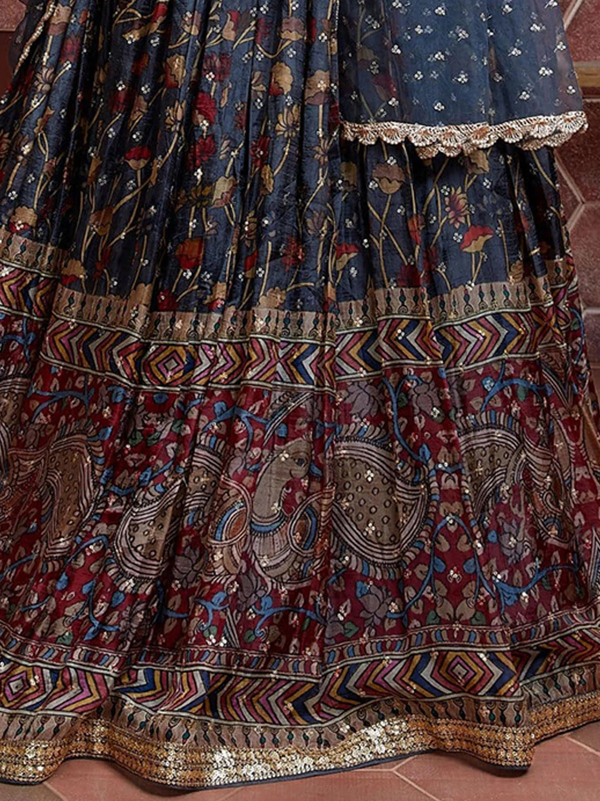 Odette Blue Chinon Silk Embellished Semi Stitched Lehenga With Unstitched Blouse For Women - Image 3