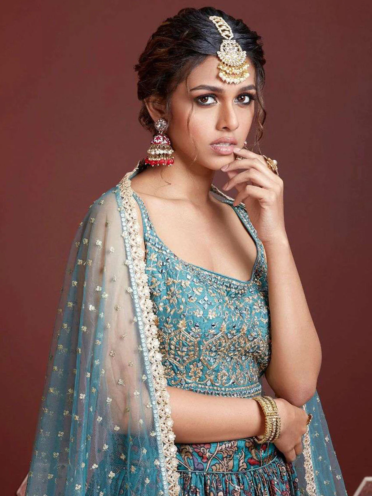 Odette Blue Chinon Silk Embellished Semi Stitched Lehenga With Unstitched Blouse For Women - Image 2