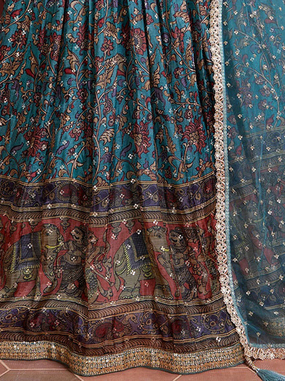 Odette Blue Chinon Silk Embellished Semi Stitched Lehenga With Unstitched Blouse For Women - Image 3