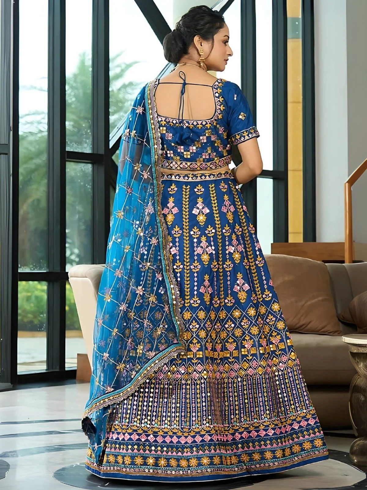Odette Blue Chinon Silk Embroidered Semi-Stitched Lehenga For Women - Image 2